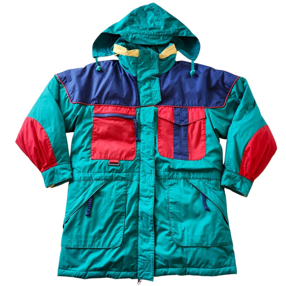 Vintage Eddie Bauer Color Block Goose Down Ski Jacket Coat Teal Blue Red Small